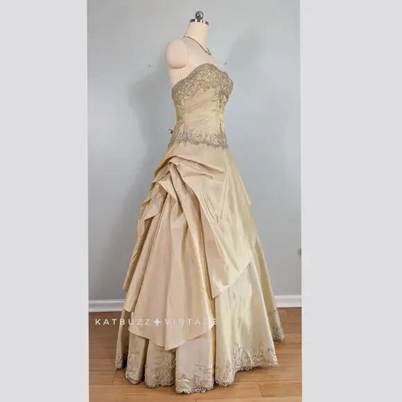 Princess Prom Dress Maxi Ball Gown 10 Yellow Fairy Y2K Beaded Glam Belle Lace
